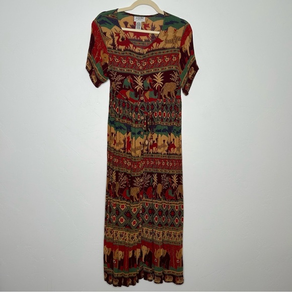 Vintage Dresses & Skirts - Vintage Bohemian Multicolor Maxi Dress Safari Print Size Medium Petite